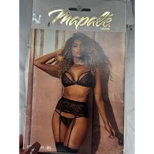 Mapalé Black Lace 3-Piece Lingerie Set 8561 –Bra, Garter Belt & G-String SZ M/L